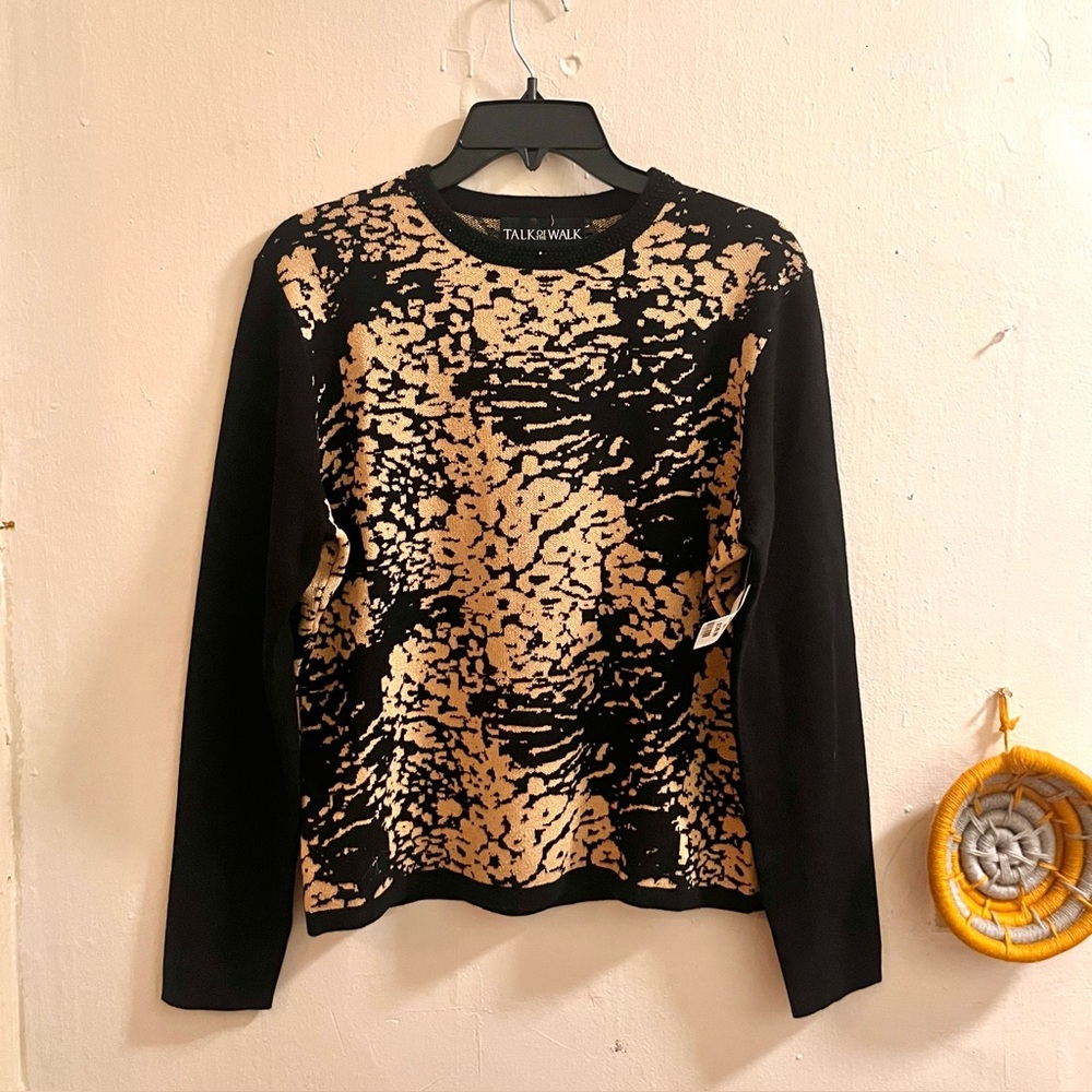 🆕 gold metallic & black abstract animal print sweater with rhinestone neckline - Picture 4 of 13